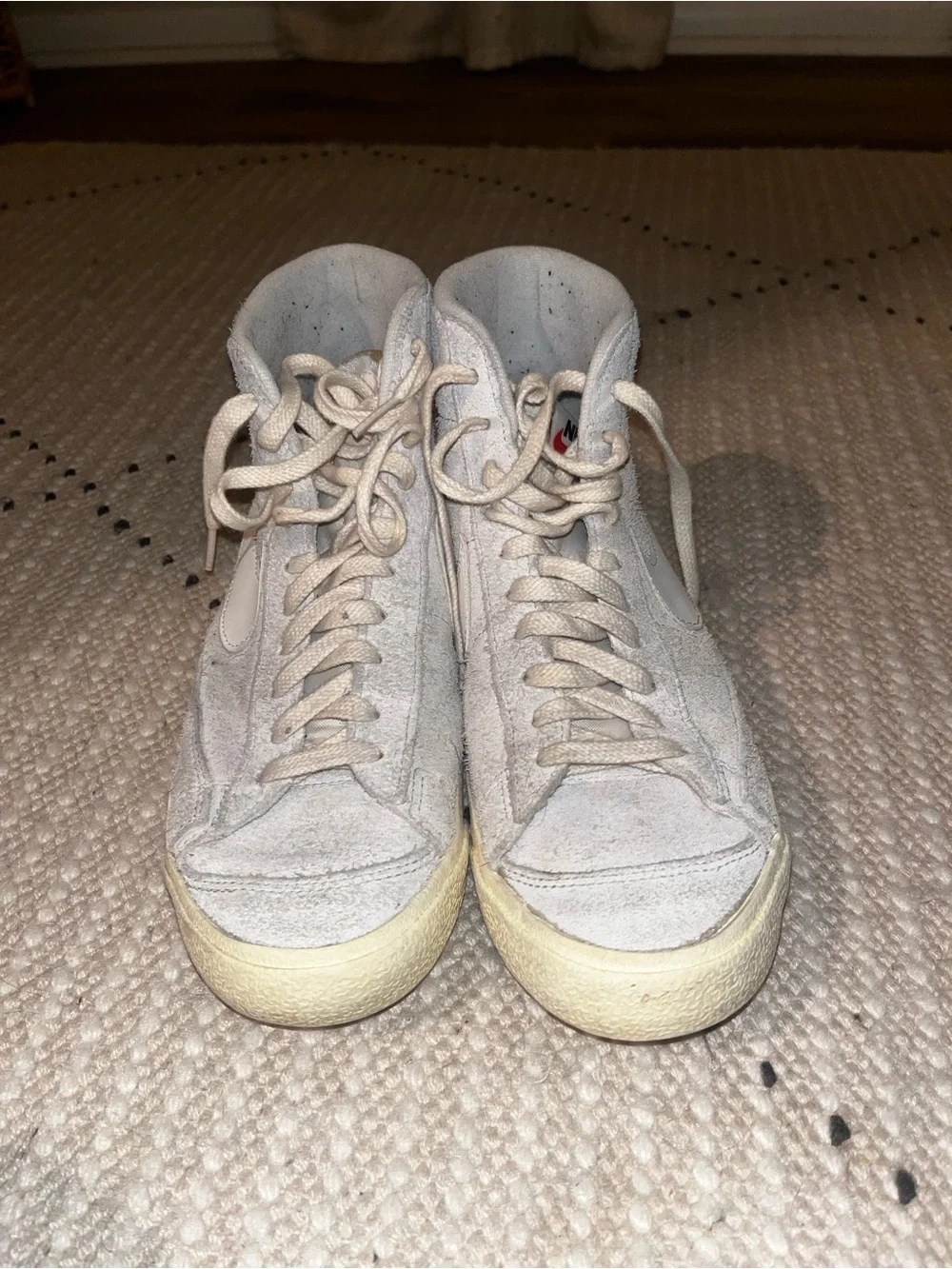 Nike White and Gray Sneaker- Blazer Mid ‘77 Interior with Yellow Tongue Trim